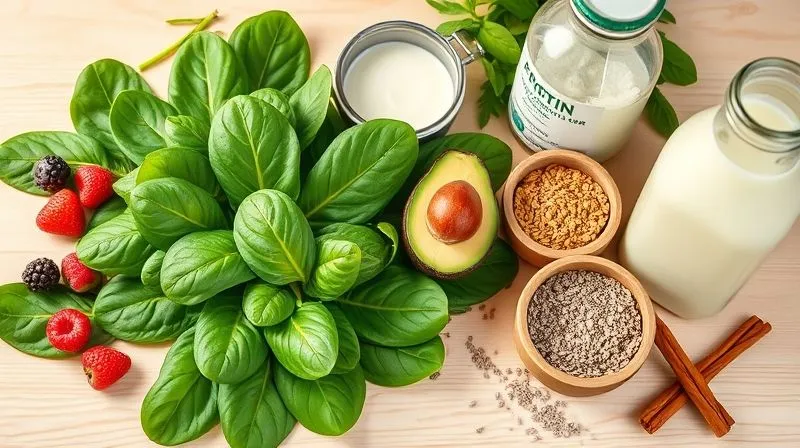 Photorealistic image of a variety of fresh, healthy smoothie ingredients laid out on a light wooden table. Ingredients include spinach leaves, a handful of mixed berries, a small avocado, a scoop of protein powder in a rustic bowl, a small jar of chia seeds, a bottle of unsweetened almond milk, and a cinnamon stick. The composition is clean and inviting, with soft, natural light illuminating the textures and colors. Sharp focus on the foreground ingredients, with a gentle depth of field. 8K hyper-detailed, professional photography, cinematic lighting, shot on a high-end DSLR.