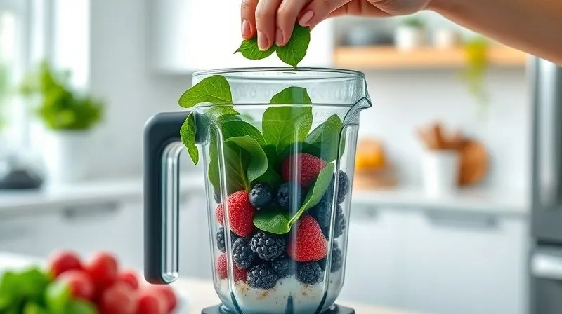 Photorealistic image of hands preparing a healthy protein smoothie in a modern kitchen. A person is adding spinach leaves into a blender, which already contains berries, a scoop of protein powder, and liquid. The kitchen is bright and clean, with natural light filtering in. The focus is on the blender and the hands, showing the action of preparing a nutritious meal. Sharp focus, depth of field, 8K hyper-detailed, professional photography, cinematic lighting, shot on a high-end DSLR.