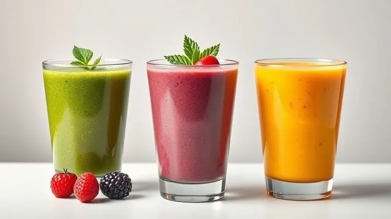 Photorealistic image of three different, vibrantly colored protein smoothies in elegant glasses, arranged on a light, minimalist background. One is a deep green, another a rich purple from berries, and the third a sunny yellow/orange. Each glass is garnished subtly with a fresh leaf or berry. The lighting is soft and inviting, highlighting the freshness and appeal of the drinks. Sharp focus on the smoothies, with a gentle depth of field. 8K hyper-detailed, professional photography, cinematic lighting, shot on a high-end DSLR.