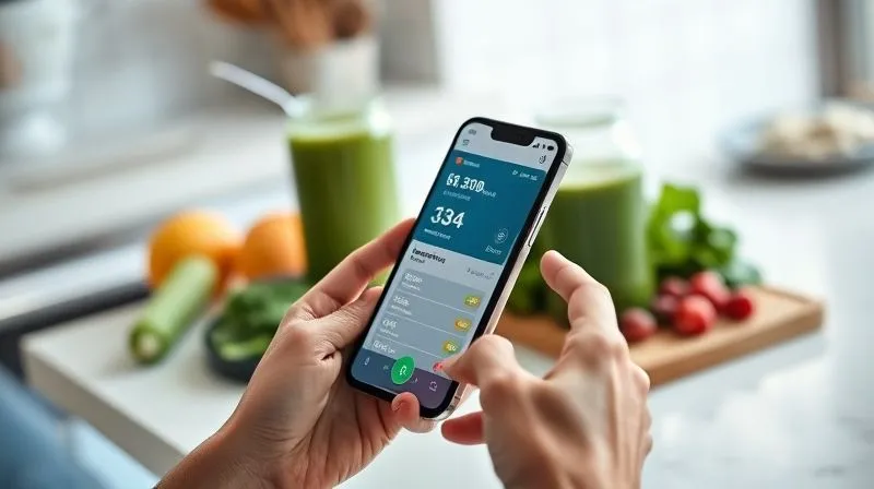 Photorealistic image of a person's hands holding a smartphone displaying a nutrition tracking app, with a healthy protein smoothie and fresh ingredients (spinach, berries) in the background on a kitchen counter. The person is thoughtfully reviewing their daily intake. The scene is well-lit, emphasizing the importance of monitoring. Sharp focus on the smartphone screen, with a gentle depth of field. 8K hyper-detailed, professional photography, cinematic lighting, shot on a high-end DSLR.