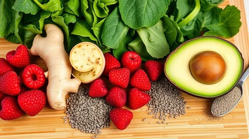 A close-up, photorealistic, 8K image of a variety of fresh, colorful smoothie ingredients laid out on a clean wooden cutting board. This includes vibrant green spinach and kale, bright red berries, a slice of ginger, half an avocado, a handful of chia seeds, and a scoop of plant-based protein powder. The composition is artistic and inviting, with soft, natural light and a shallow depth of field, sharp focus on the ingredients. Shot on a high-end DSLR.