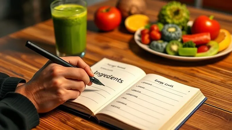 A photorealistic, professional photography, 8K image showing a person's hand holding a pen, making notes in a neatly organized journal. On the table, there's a glass of vibrant green smoothie and a plate with fresh fruits and vegetables. The journal has sections for 'Ingredients', 'Energy Levels', 'Digestion', and 'Weight'. Cinematic lighting, sharp focus on the journal and hand, depth of field. Shot on a high-end DSLR.