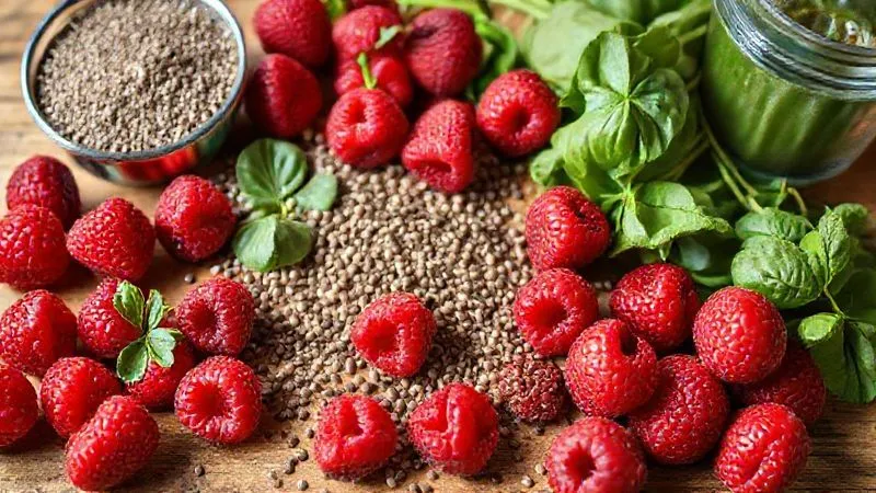 A vibrant, detailed shot of fresh raspberries, spinach, chia seeds, and protein powder laid out on a clean wooden table, ready for a smoothie. Professional photography, 8K, cinematic lighting, sharp focus on the ingredients, depth of field blurring the background, shot on a high-end DSLR.