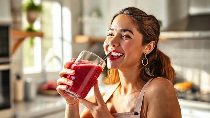 A person happily drinking a vibrant raspberry smoothie, with a visible sense of vitality and health, in a bright, modern kitchen setting. The light is natural and airy, emphasizing a fresh, clean aesthetic. Professional photography, 8K, cinematic lighting, sharp focus on the person and smoothie, depth of field blurring the background, shot on a high-end DSLR.
