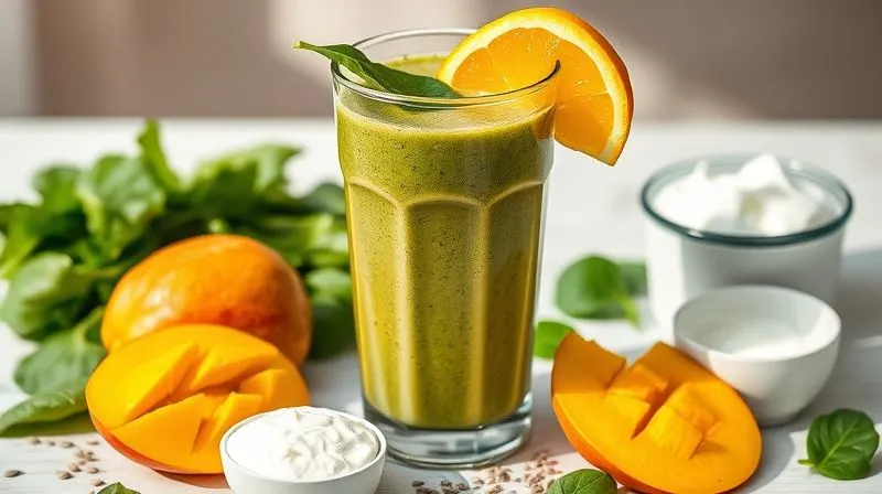 A vibrant, photorealistic image of a glass blender filled with a lush green and orange smoothie, surrounded by fresh mango slices, spinach, chia seeds, and Greek yogurt, with soft morning light, professional photography, 8K, cinematic lighting, sharp focus, depth of field, shot on a high-end DSLR.
