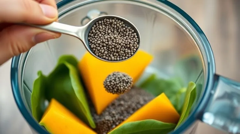 A close-up, photorealistic shot of a hand adding a spoonful of chia seeds into a blender with mango slices and spinach, emphasizing motion and fresh ingredients, professional photography, 8K, cinematic lighting, sharp focus, depth of field, shot on a high-end DSLR.