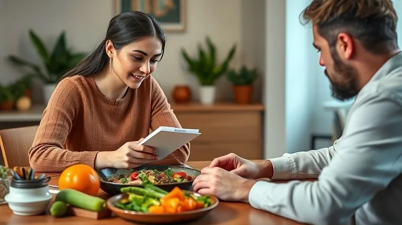 A stylized, photorealistic image of a nutritionist taking notes while consulting with a client over a healthy meal, emphasizing a professional and empathetic atmosphere, professional photography, 8K, cinematic lighting, sharp focus, depth of field, shot on a high-end DSLR.
