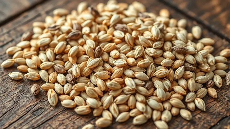 A close-up, photorealistic image of various seeds and oats elegantly arranged on a rustic wooden surface, highlighting their texture and natural beauty, 8K, cinematic lighting.