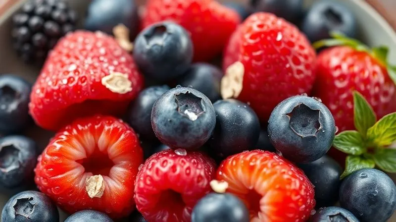 A vibrant, photorealistic bowl of mixed berries (blueberries, raspberries, strawberries) with a few oat flakes, glistening with morning dew, captured with professional macro photography, 8K, cinematic lighting.