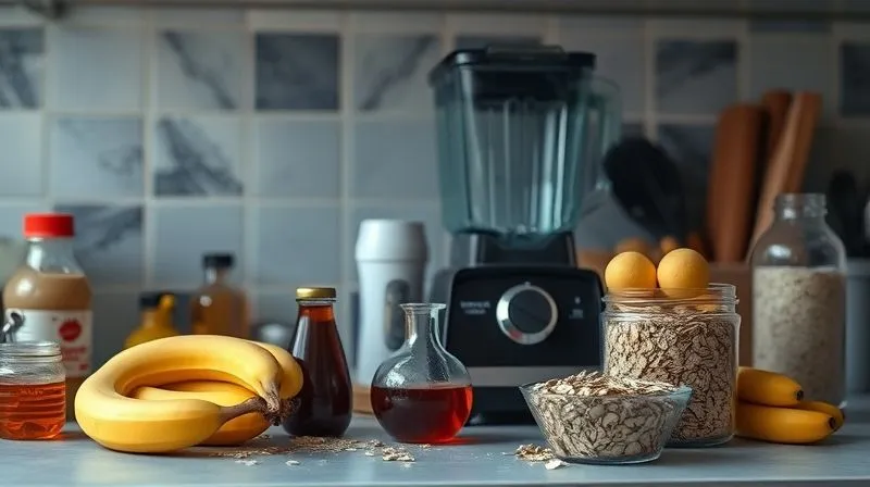 A photorealistic, slightly chaotic kitchen counter scene with various sugary ingredients (syrups, overripe bananas, processed oats) next to a blender, subtly emphasizing potential pitfalls and unhealthy choices, 8K, cinematic lighting.