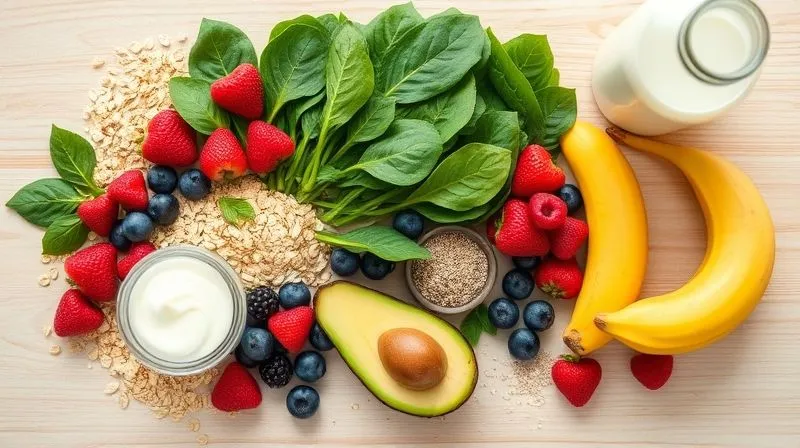 A vibrant, flat lay photorealistic image of various fresh ingredients for a healthy oat smoothie spread out on a light wooden table. Ingredients include rolled oats, a handful of spinach, mixed berries (strawberries, blueberries, raspberries), half an avocado, a banana, a small container of plain Greek yogurt, chia seeds, and a bottle of unsweetened almond milk. All items are neatly arranged, with cinematic lighting, sharp focus, and a shallow depth of field. 8K, professional photography, shot on a high-end DSLR.