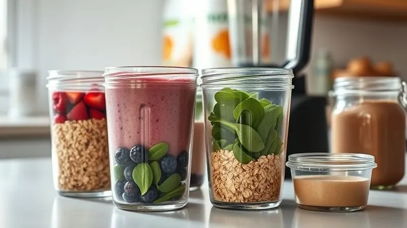 A photorealistic, professional photography shot of a meticulously organized kitchen counter. Several glass meal prep containers are visible, filled with pre-portioned smoothie ingredients like rolled oats, mixed berries, spinach, and protein powder, ready to be blended. A blender stands ready in the background. The scene is well-lit with natural light, sharp focus on the containers, depth of field blurring the background, conveying efficiency and healthy planning. 8K, cinematic lighting, shot on a high-end DSLR.