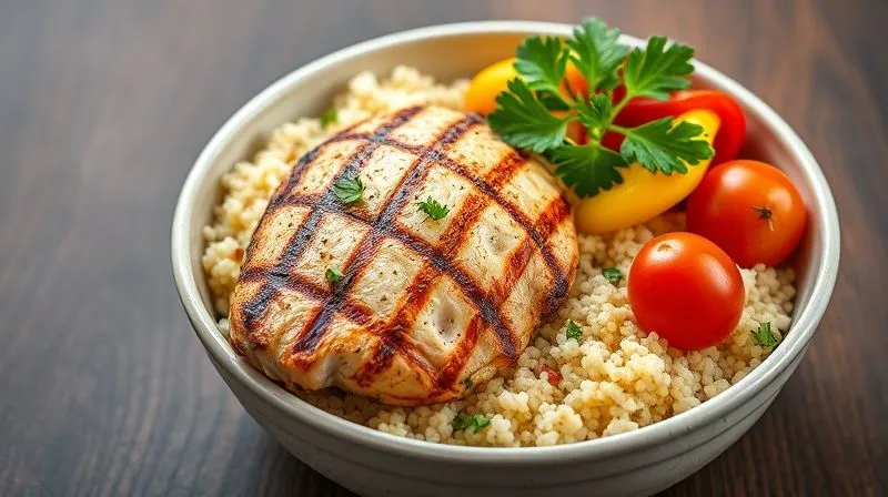 Photorealistic image of a vibrant bowl of couscous with grilled chicken breast, colorful bell peppers, cherry tomatoes, and fresh parsley, highlighting the protein and fiber components, professional studio lighting, 8K.