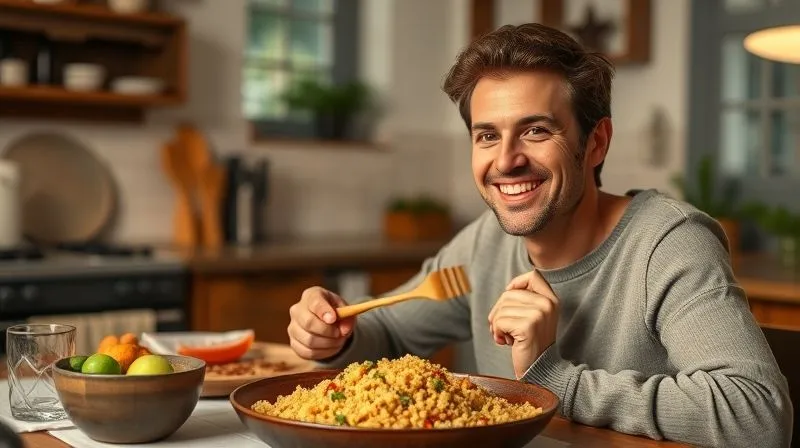 Photorealistic image showing a person enjoying a healthy, low-calorie couscous dinner in a cozy kitchen setting, with a satisfied smile, soft evening light, 8K, professional photography.