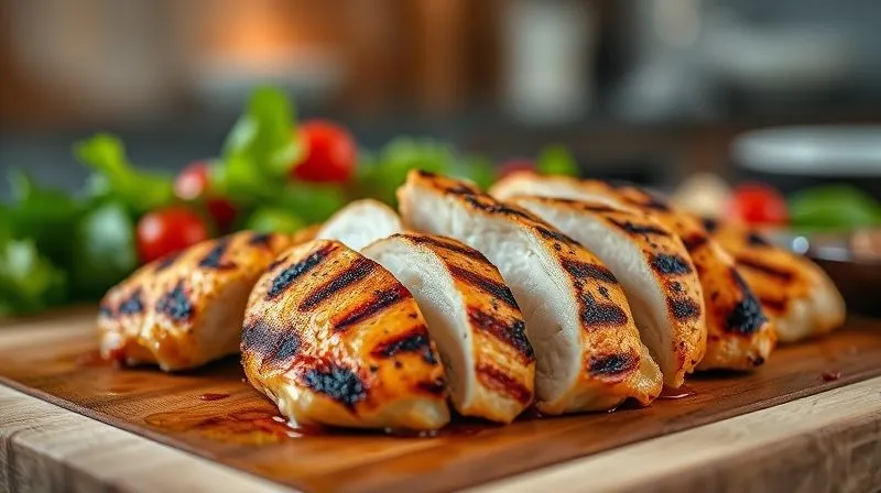 Photorealistic image of perfectly grilled chicken breast slices, golden brown with visible grill marks, resting on a cutting board, ready to be added to a salad. Cinematic lighting, sharp focus on the chicken, depth of field blurring the background of a clean kitchen. 8K hyper-detailed, shot on a high-end DSLR, emphasizing deliciousness and health.