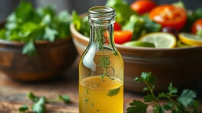 Photorealistic image of a small, elegant glass bottle filled with a light, homemade lemon-herb vinaigrette, with fresh herbs visible inside, next to a bowl of vibrant salad ingredients. Cinematic lighting, sharp focus on the dressing bottle, depth of field blurring the background. 8K hyper-detailed, shot on a high-end DSLR, emphasizing freshness and healthy choices.