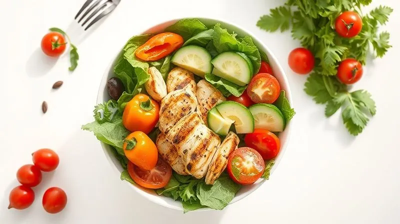 A vibrant, top-down photorealistic image of a healthy salad bowl, meticulously arranged. The bowl contains mixed greens, grilled chicken strips, colorful bell peppers, cherry tomatoes, cucumber slices, and a small, perfectly diced portion of avocado. A sprinkle of pumpkin seeds and a drizzle of olive oil are visible. The setting is bright and clean, with natural light emphasizing the freshness and texture of the ingredients. Professional photography, 8K, cinematic lighting, sharp focus, depth of field, shot on a high-end DSLR.