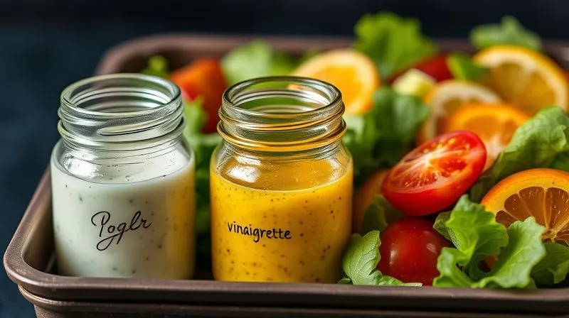 A close-up, photorealistic image of three small, elegant glass jars filled with different homemade salad dressings. One contains a creamy, herb-infused yogurt dressing, another a golden vinaigrette, and the third a vibrant, citrus-based dressing. The jars are neatly arranged next to a fresh, colorful salad in a lunchbox, highlighting the importance of dressing choices. Professional photography, 8K, cinematic lighting, sharp focus on the dressings, depth of field, shot on a high-end DSLR.