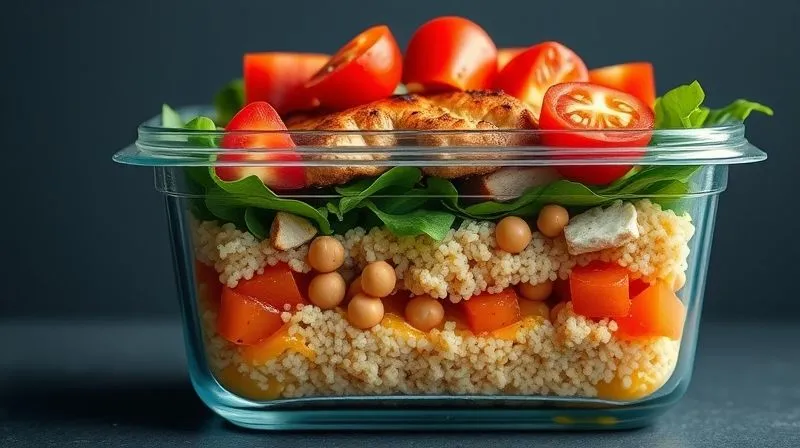 A highly detailed, photorealistic cross-section view of a perfectly packed, layered salad in a transparent glass lunchbox. The bottom layer clearly shows a vibrant dressing, followed by diced bell peppers and chickpeas, then grilled chicken and quinoa, and finally topped with fresh mixed greens and cherry tomatoes. The layers are distinct and visually appealing, demonstrating optimal meal prep. Professional photography, 8K, cinematic lighting, sharp focus, depth of field, shot on a high-end DSLR.