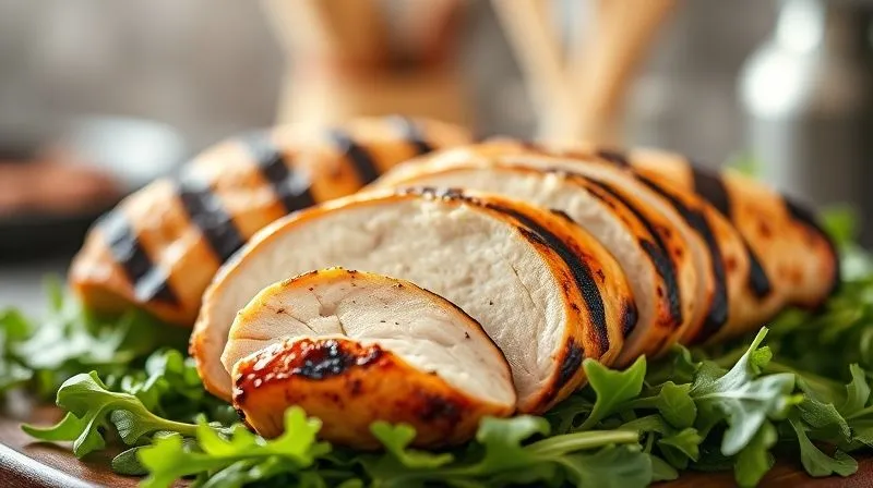 A photorealistic, professional photography, 8K, cinematic lighting, sharp focus, depth of field, shot on a high-end DSLR, of a perfectly grilled chicken breast, sliced and arranged on a bed of fresh arugula, with steam gently rising. The focus is on the succulent texture of the chicken, conveying health and satisfaction. The background is a soft, blurred kitchen setting.