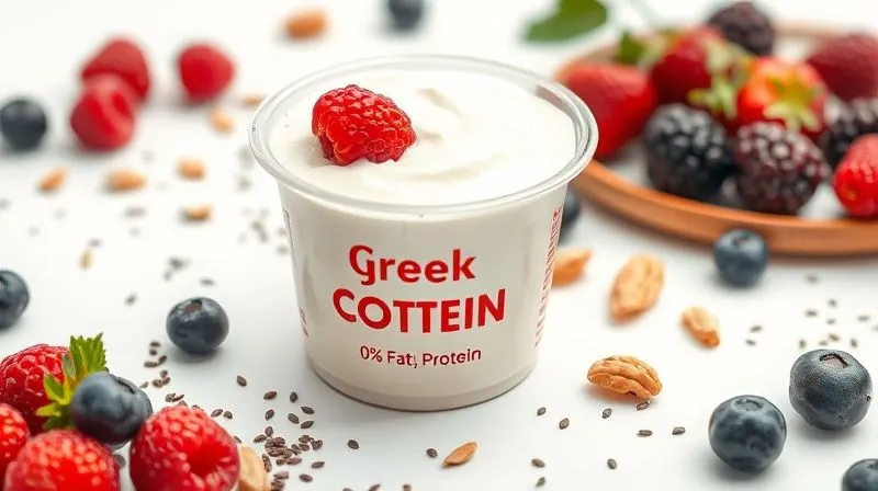 Photorealistic image of a single, vibrant Greek yogurt container with a '0% Fat, High Protein' label clearly visible, surrounded by fresh, colorful ingredients like berries, nuts, and chia seeds, all perfectly arranged on a minimalist white background. Soft, natural lighting highlights the textures. Professional photography, 8K, cinematic lighting, sharp focus, depth of field, shot on a high-end DSLR, emphasizing health and simplicity.