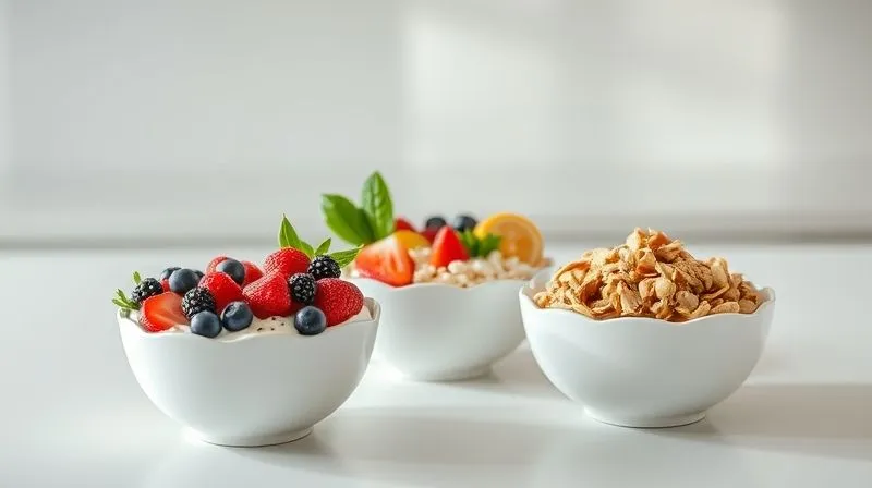 Photorealistic image of three distinct, aesthetically pleasing Greek yogurt bowls arranged on a light, minimalist kitchen counter. Each bowl features a different, colorful topping combination: one with vibrant berries and chia seeds, another with tropical fruits and coconut flakes, and a third with crunchy granola and nuts. Soft, diffused natural light illuminates the scene, creating a fresh and inviting atmosphere. Professional photography, 8K, cinematic lighting, sharp focus on the bowls, depth of field, shot on a high-end DSLR, emphasizing variety and healthy eating.