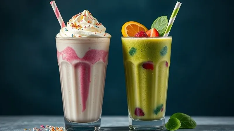 photorealistic, professional photography, 8K, cinematic lighting, sharp focus, depth of field, shot on a high-end DSLR. A visually striking image of two milkshakes. One is a classic, overly sweet milkshake with whipped cream and sprinkles, looking appealing but heavy. The other is a lean, vibrant, healthy smoothie with visible chunks of fruit and spinach, suggesting lightness and nutrition. The contrast should be clear and impactful, emphasizing choices.