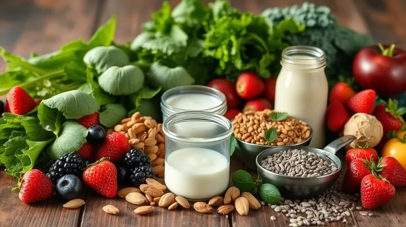 photorealistic, professional photography, 8K, cinematic lighting, sharp focus, depth of field, shot on a high-end DSLR. A variety of fresh, healthy smoothie ingredients meticulously arranged on a rustic wooden table. Include colorful berries, leafy greens like spinach and kale, various nuts and seeds (chia, flax), plain Greek yogurt, almond milk, and a scoop of protein powder. The arrangement should be aesthetically pleasing and suggest abundance and health.