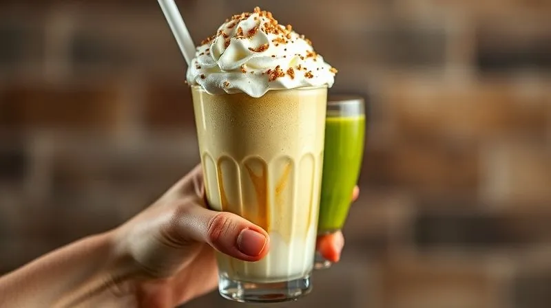 photorealistic, professional photography, 8K, cinematic lighting, sharp focus, depth of field, shot on a high-end DSLR. A person's hand holding a large, overflowing milkshake with whipped cream and excessive toppings, contrasting with a smaller, sleek glass holding a minimalist, healthy green smoothie. The image should convey the idea of common mistakes versus smart choices in smoothie preparation for weight loss.