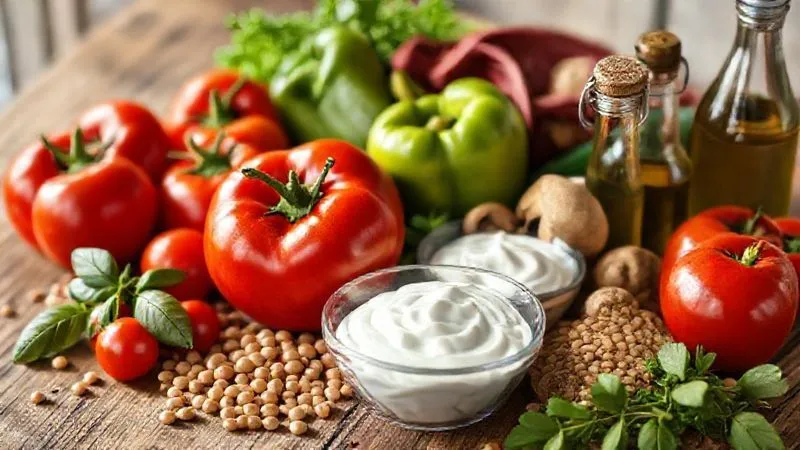photorealistic, professional photography, 8K, cinematic lighting, sharp focus, depth of field, shot on a high-end DSLR. A vibrant and colorful assortment of fresh, healthy ingredients for a sauce: ripe red tomatoes, green bell peppers, zucchini, mushrooms, a bowl of Greek yogurt, a handful of lentils, fresh herbs like basil and oregano, and a small bottle of olive oil, all artfully arranged on a rustic wooden table, bathed in natural, soft light, conveying freshness and nutritional richness.