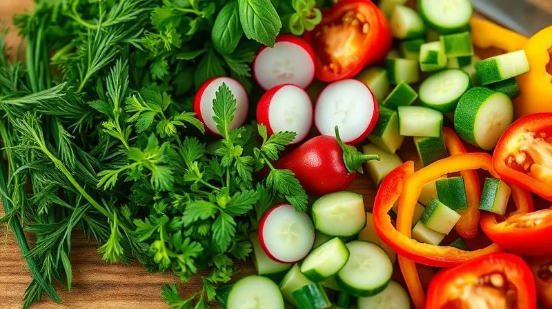 A vibrant, close-up photorealistic image of a cutting board filled with an assortment of freshly washed herbs (dill, chives, parsley, mint, basil) and colorful, chopped vegetables (cucumber slices, radish, red and yellow bell pepper strips, cherry tomatoes). Soft, natural cinematic lighting, sharp focus on the fresh produce, depth of field blurring the background slightly. 8K hyper-detailed, professional photography, shot on a high-end DSLR.