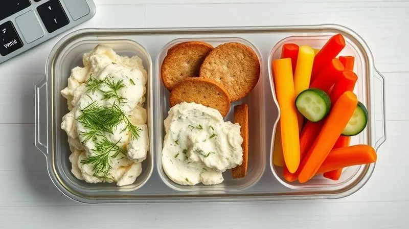A professional, photorealistic overhead shot of an open, multi-compartment lunchbox. One compartment holds the prepared herbal cottage cheese with fresh dill and chopped vegetables. Another compartment contains whole-grain crackers, and a third holds colorful vegetable sticks (carrots, cucumbers, bell peppers). The lunchbox is placed on a minimalistic office desk, with soft, natural light illuminating the scene. Sharp focus on the food, with a subtle depth of field. 8K hyper-detailed, professional photography, shot on a high-end DSLR.