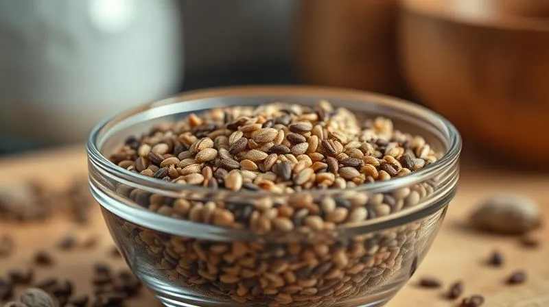 A close-up, photorealistic image of a small glass bowl filled with a mix of chia seeds, flax seeds, and shelled hemp seeds, contrasting textures and natural colors. The background is softly blurred, suggesting a healthy kitchen environment. Professional photography, 8K, cinematic lighting, sharp focus, depth of field.