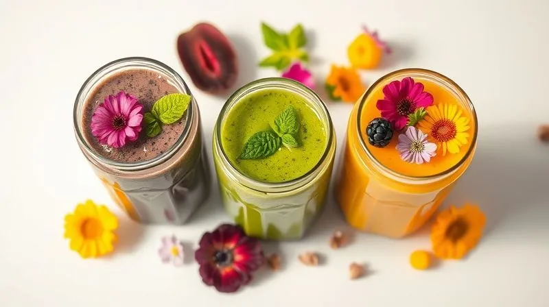 A vibrant, photorealistic overhead shot of three different vegan smoothies in stylish glass jars, each with a different color theme (green, purple, yellow/orange), garnished with fresh fruit and edible flowers. They are arranged on a light, minimalist surface, bathed in soft, natural light, creating an inviting and healthy aesthetic. Professional photography, 8K, cinematic lighting, sharp focus, depth of field.