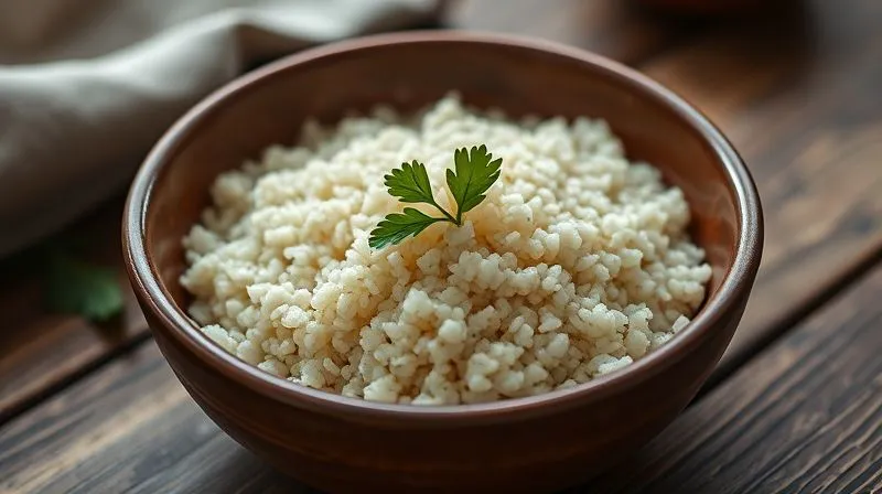 photorealistic, professional photography, 8K, cinematic lighting, sharp focus, depth of field, shot on a high-end DSLR, a perfectly cooked bowl of fluffy quinoa, steaming gently, with a sprig of fresh parsley on top, in a rustic ceramic bowl on a wooden table.