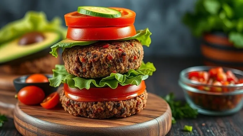 photorealistic, professional photography, 8K, cinematic lighting, sharp focus, depth of field, shot on a high-end DSLR, a stack of vibrant, colorful vegetarian quinoa burgers on a wooden board, garnished with fresh lettuce, tomato, and avocado slices, next to a bowl of fresh salsa.
