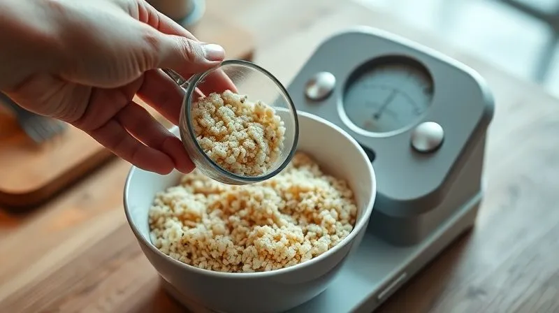 photorealistic, professional photography, 8K, cinematic lighting, sharp focus, depth of field, shot on a high-end DSLR, a hand carefully measuring a portion of cooked quinoa into a bowl with a kitchen scale visible, emphasizing portion control in a healthy meal prep setting.
