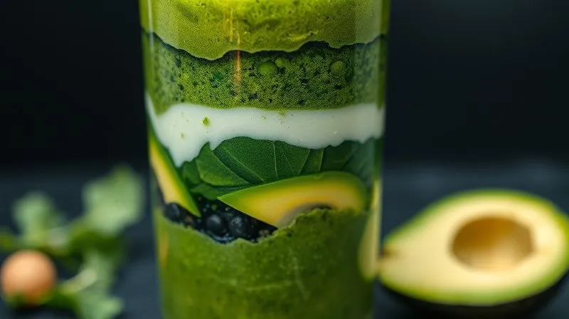 A photorealistic close-up of a beautifully layered green smoothie showing distinct layers of leafy greens, white protein powder swirl, and creamy avocado, emphasizing the balance of ingredients. Shot with cinematic lighting on a dark background, sharp focus, depth of field, 8K, professional photography, shot on a high-end DSLR.