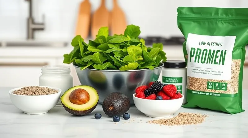 A photorealistic shot of a kitchen counter with various low-glycemic ingredients laid out: a bowl of spinach, fresh berries, an avocado, a container of protein powder, and a bag of chia seeds. The arrangement is clean and organized, with soft, natural light, sharp focus, depth of field, 8K, professional photography, shot on a high-end DSLR.