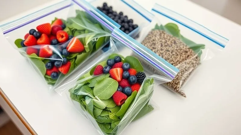 A photorealistic, high-angle shot of neatly organized freezer bags filled with pre-portioned smoothie ingredients (spinach, berries, chia seeds) on a clean kitchen counter. The lighting is bright and clean, emphasizing freshness and organization, sharp focus, depth of field, 8K, professional photography, shot on a high-end DSLR.