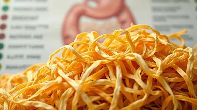 Photorealistic close-up of different types of dietary fiber, some tangled and some smooth, with light rays emphasizing the texture, against a blurred background of a digestive tract diagram. Professional photography, 8K, cinematic lighting.