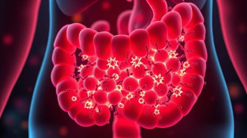 A stylized, photorealistic image of a human gut microbiome, with beneficial bacteria glowing subtly, symbolizing health and balance. Professional photography, 8K, cinematic lighting, sharp focus on the microbial community.