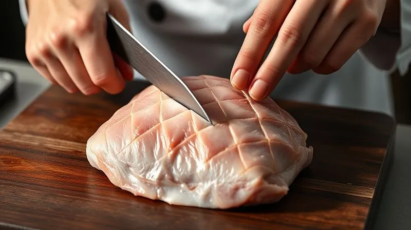 Photorealistic, professional photography of a chef's hands expertly scoring the skin of a raw duck breast with a sharp knife, creating a diamond pattern, on a dark wooden cutting board. The focus is on the precision of the cuts, with cinematic lighting and a shallow depth of field. 8K hyper-detailed, shot on a high-end DSLR.