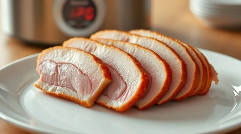 Photorealistic, professional photography of a perfectly cooked duck breast, sliced and fanned out on a modern white plate, showing the tender, pink interior and crispy, golden-brown skin. A sous vide immersion circulator is subtly visible in the soft-focused background, emphasizing precision cooking. Cinematic lighting, sharp focus, depth of field, 8K hyper-detailed, shot on a high-end DSLR.