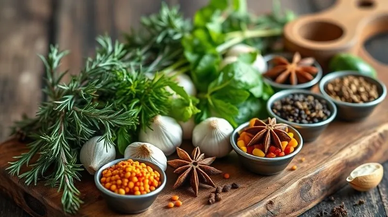 Photorealistic, professional photography of an elegant arrangement of fresh herbs and spices on a rustic wooden board, including rosemary sprigs, thyme, garlic cloves, whole star anise, and various colorful spices in small bowls, all bathed in soft, natural light. Sharp focus on the foreground ingredients, with a gentle depth of field. 8K hyper-detailed, shot on a high-end DSLR.