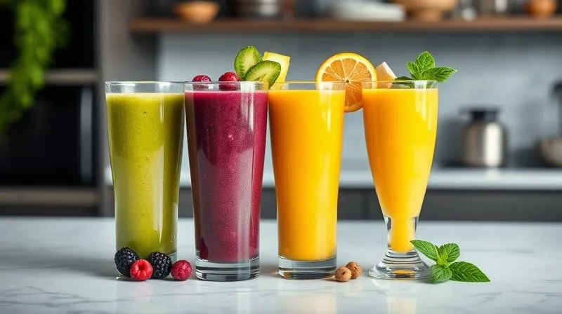 A photorealistic, professional photography shot of three different colorful detox smoothies lined up on a minimalist kitchen counter. One is vibrant green, another deep purple with berries, and the third a sunny yellow. Each glass is garnished with fresh ingredients used in the smoothie. Cinematic lighting, sharp focus, depth of field blurring the background. 8K hyper-detailed, shot on a high-end DSLR.