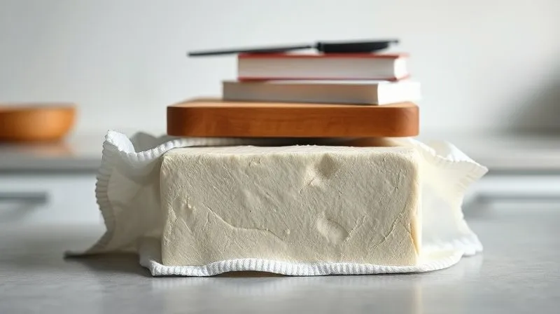 A photorealistic, professional photography, 8K, cinematic lighting, sharp focus, depth of field, shot on a high-end DSLR, of a block of firm tofu wrapped in kitchen paper towels, with a heavy cutting board and a stack of cookbooks placed on top, pressing out excess water. The background is a clean, minimalist kitchen counter, emphasizing the process of preparation. The scene conveys a sense of meticulous culinary technique and dedication to quality.