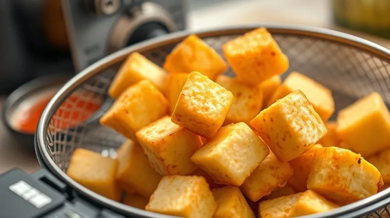 A photorealistic, professional photography, 8K, cinematic lighting, sharp focus, depth of field, shot on a high-end DSLR, of perfectly golden and crispy tofu cubes emerging from an open air fryer basket, with steam gently rising. The focus is on the perfectly cooked tofu, highlighting its texture and inviting appearance. In the blurred background, fresh herbs and a small bowl of dipping sauce hint at a complete, healthy meal. The image radiates efficiency and healthy cooking.