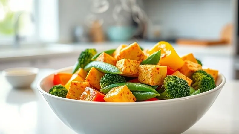 A photorealistic, professional photography, 8K, cinematic lighting, sharp focus, depth of field, shot on a high-end DSLR, of a vibrant, healthy stir-fry dish with crispy golden tofu cubes, colorful bell peppers, broccoli florets, and snap peas, served in a modern white bowl. The steam gently rises, indicating freshness. The background is a minimalist, bright kitchen setting, conveying a sense of healthy and delicious home cooking.