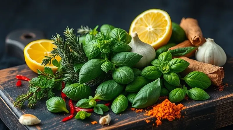 photorealistic, professional photography, 8K, cinematic lighting, sharp focus, depth of field, shot on a high-end DSLR, a vibrant array of fresh herbs and spices (rosemary, thyme, basil, chili flakes, cumin, turmeric) artfully arranged on a dark rustic wooden board, with a lemon half and a garlic clove, symbolizing flavor potential and culinary creativity for healthy cooking. The lighting emphasizes the textures and colors of the ingredients.